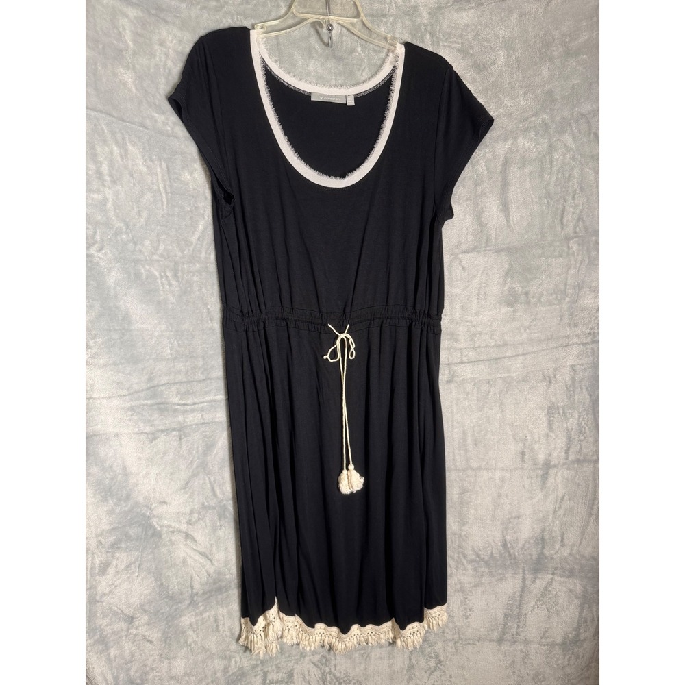 NY‎ Collection Black Short Sleeve Tassel Drawstring Fringe Hem Dress XL XVCD0038